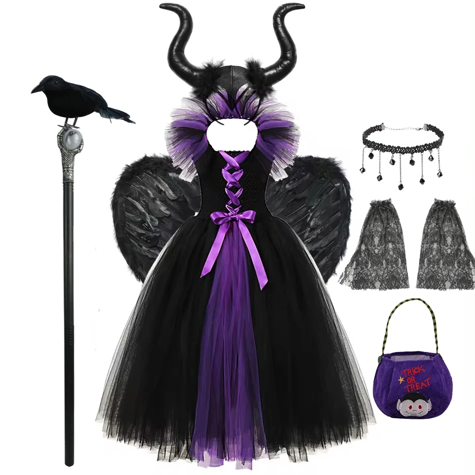 

Maleficent Halloween Cospaly Costume Girls Dress Deluxe Girls Fancy Black Glam Gown Tutu Dress Kids Demon Queen Witch Clothes