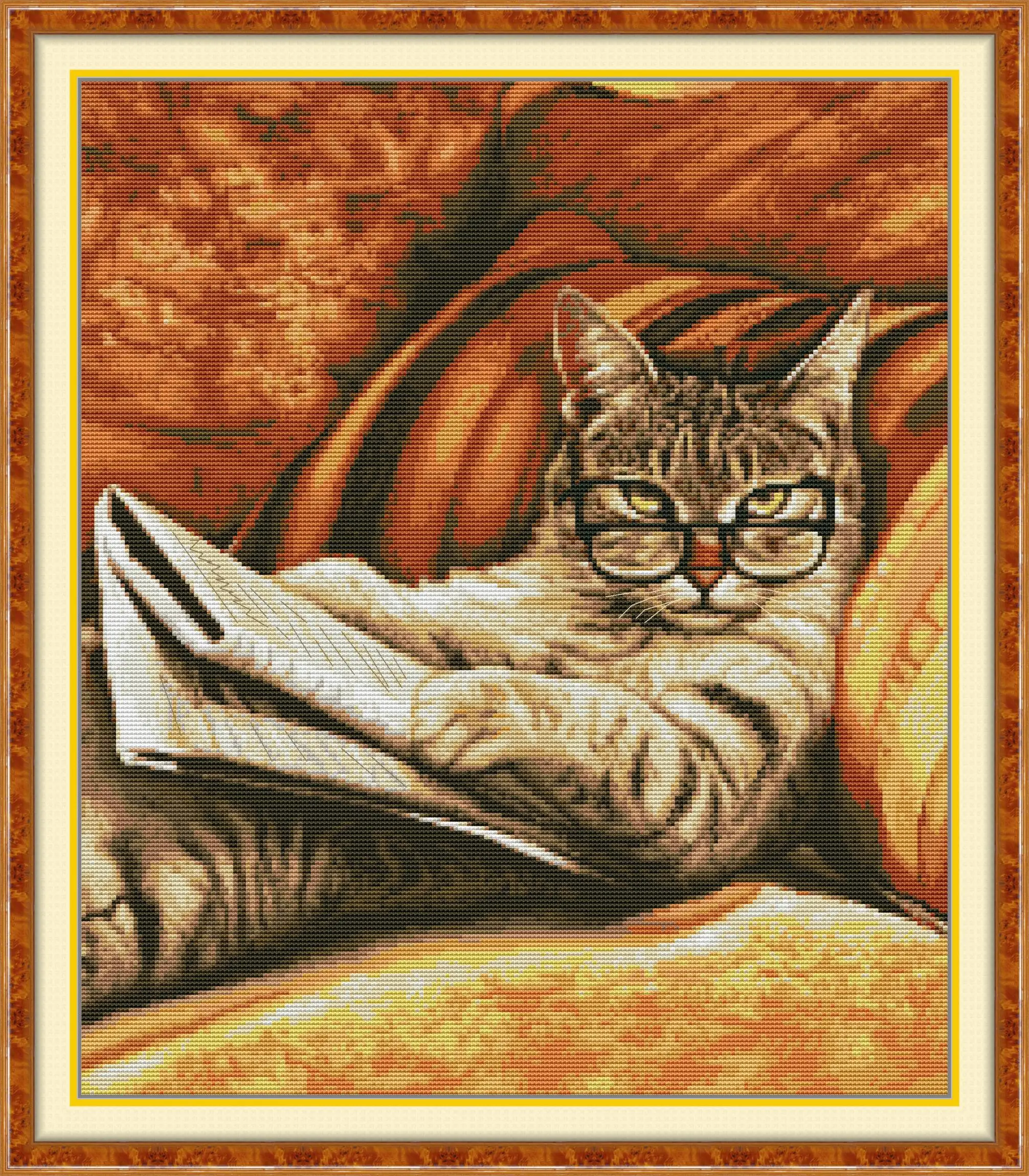 Joy Sunday Pre-printed Cross Stitch Kit  Easy Pattern Aida  Stamped Fabric Embroidery Set-Cat Reading Newspaper