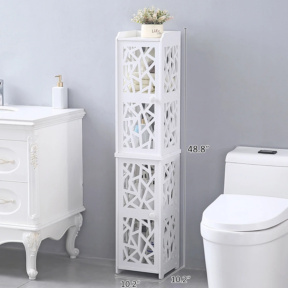 PVC Furniture Bathroom Shelf Geometric Pattern Up and Down Layered Structure Single Door 28x28x120CM White[US-Stock]