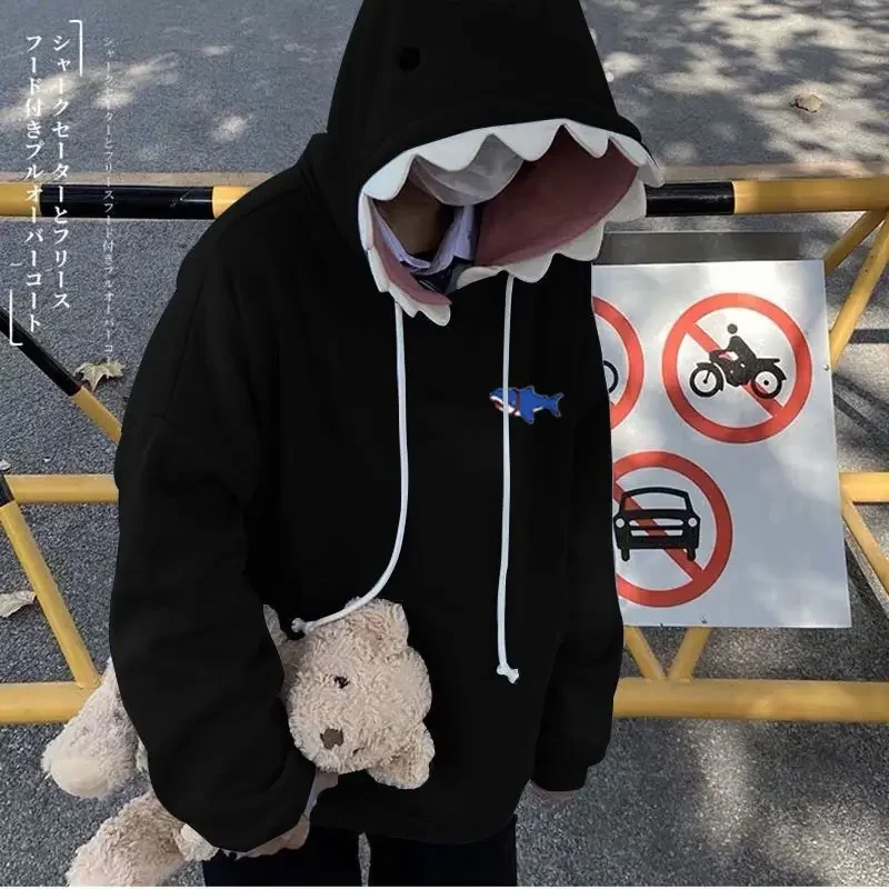 New 2021 Autumn/winter Shark Hat Sweatshirt Unisex Loose Fit Fleece Lined Couple Design Sensible Top Jacket For Students