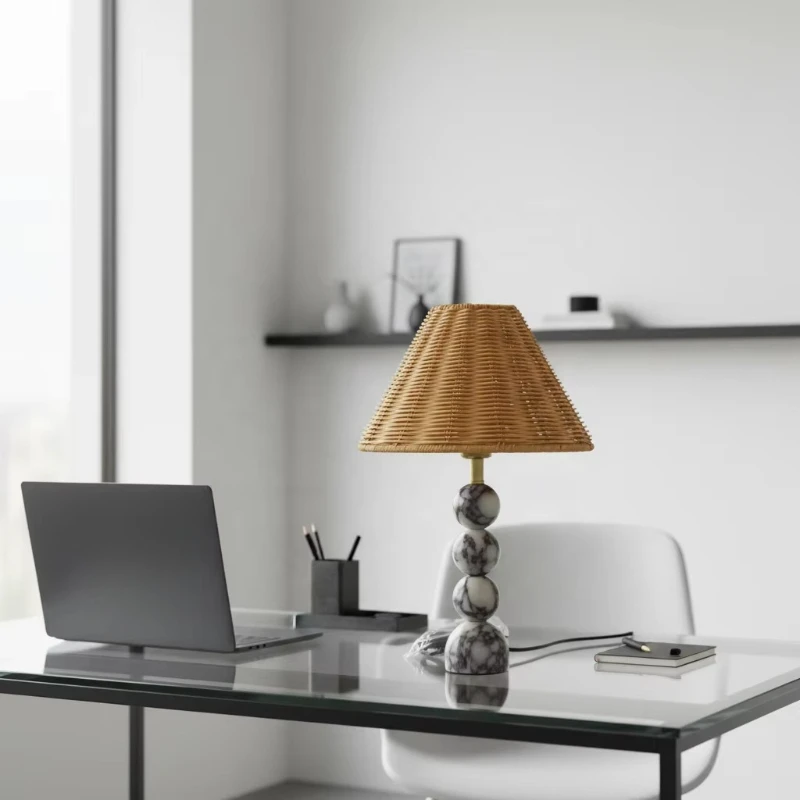 

Natural marble table lamp with rattan shade retro atmospheric table lamp for bedroom bedside home decoration