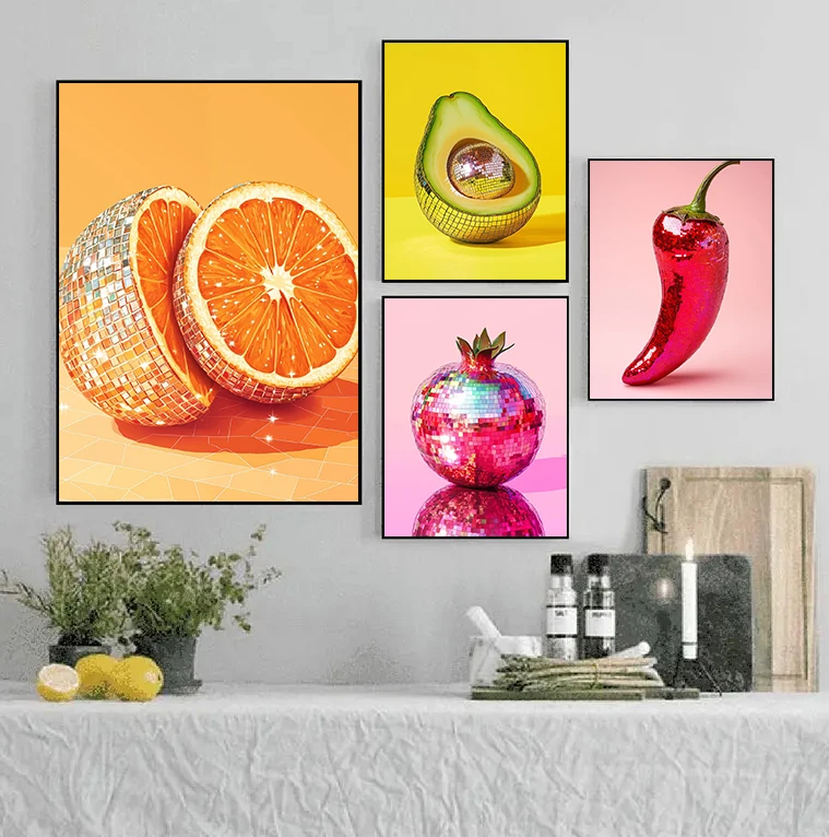 Retro Fruit Disco Ball Poster Funky Citrus Apple Strawberry Disco Mirror Ball Canvas Painting Trendy Wall Art Home Bar Decor