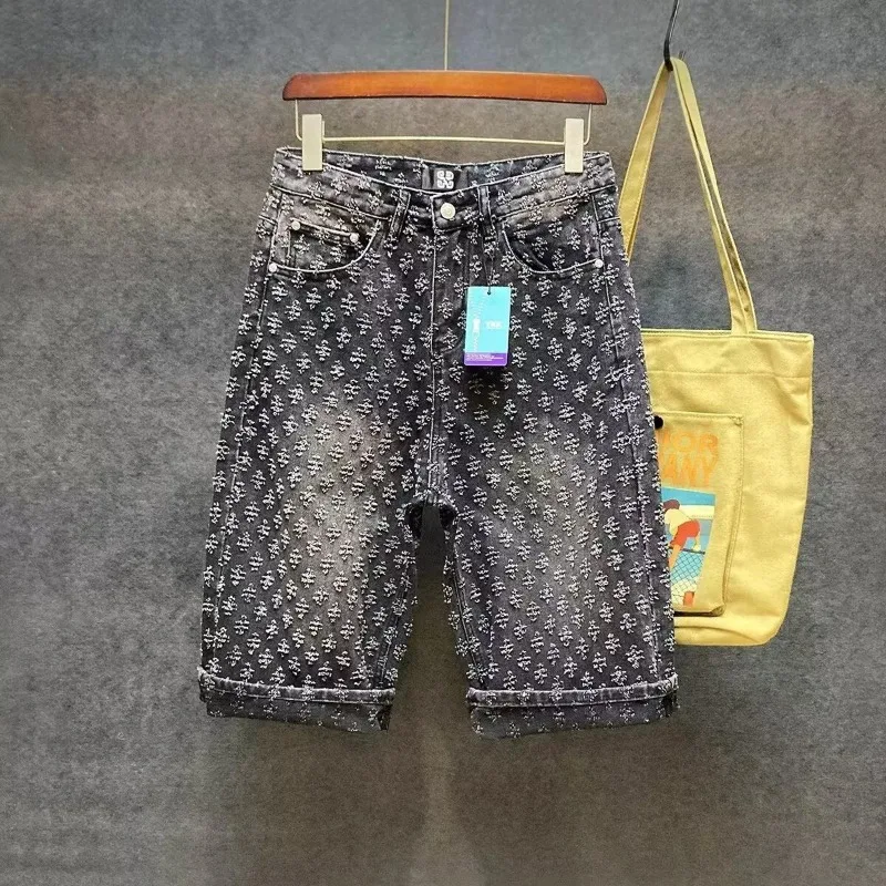 Design Sense Niche Pants Men's Trendy Brand High Street Jacquard Perforated Summer Loose Straight Tube Retro Five Quarter Denim