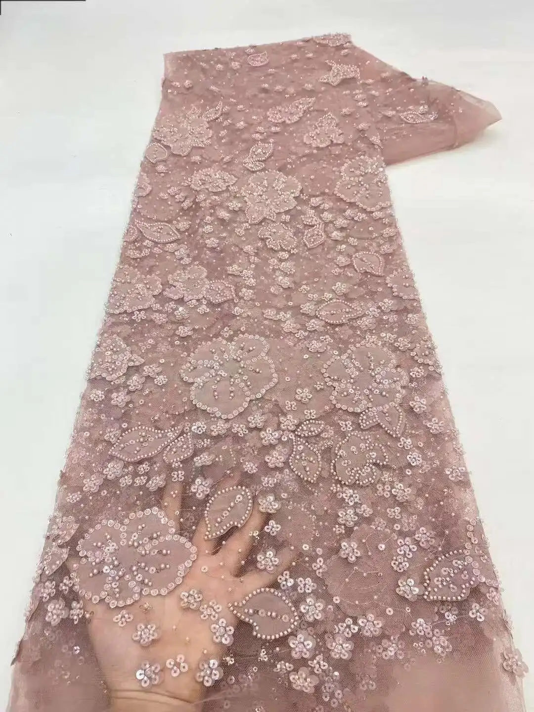 

5yards African Sequins Beads Lace Fabric 2025 High Quality French Mesh Tulle Embroidery Wedding Bridal Lace Material