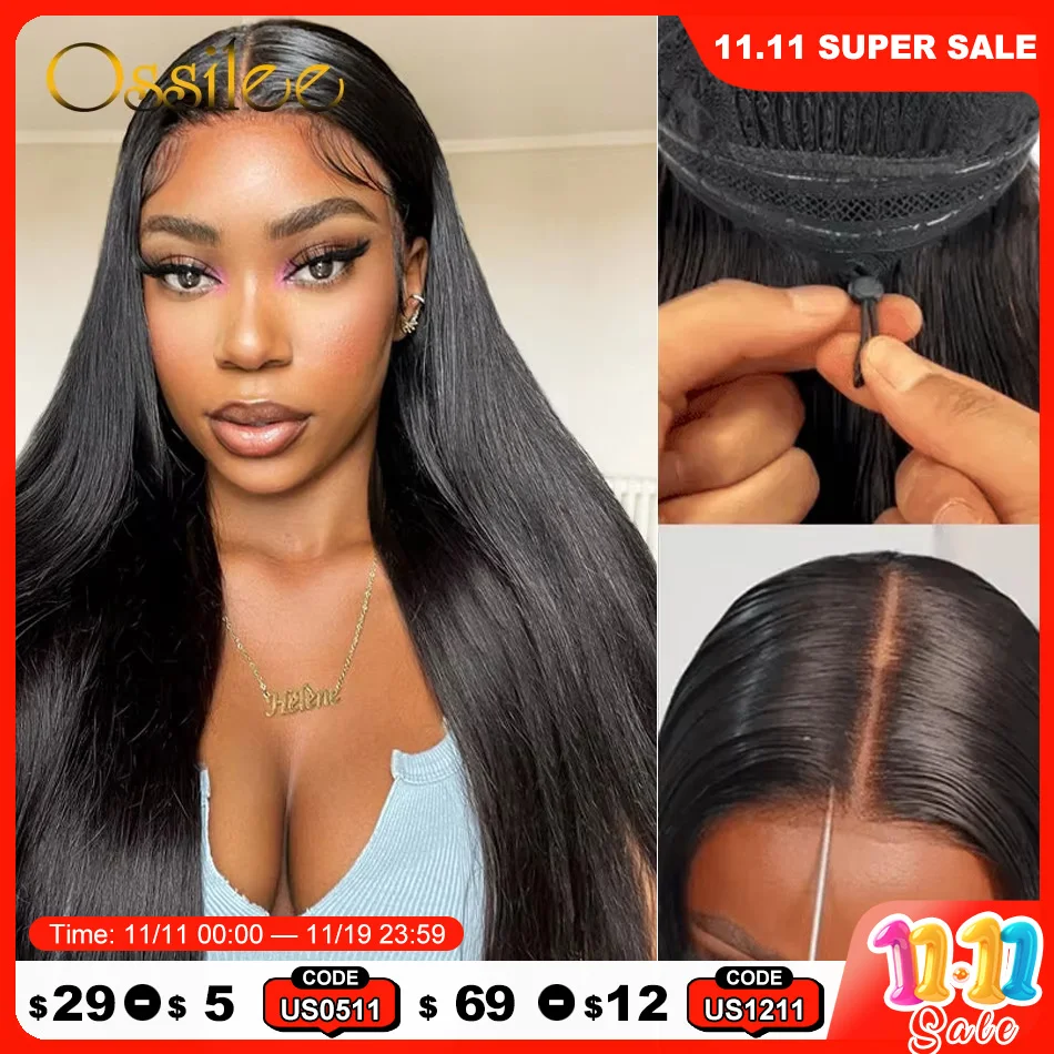 Ossilee 220 Density Pull Go Glueless Wigs with Elastic Drawstring Straight 13x6 HD Lace Front Human Hair Wigs Pre Cut Lace Wig