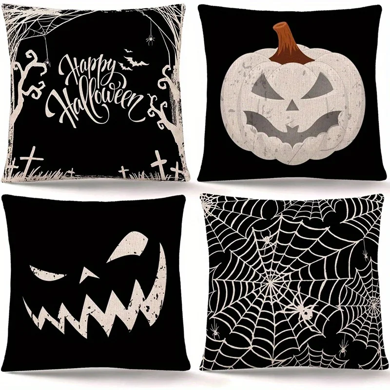 Set of 4 Halloween-Themed Pillow Covers with Digital Prints Made of Polyester, Featuring Spooky Pumpkin And Web Designs