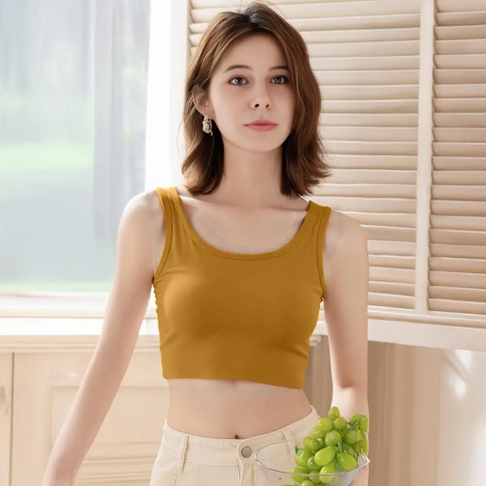Women Camisole Elastic Tops Women’s Summer Vest Tank Top Slim Fit Cropped Bottom Shirt Solid Color Round Neck Wear Blouse