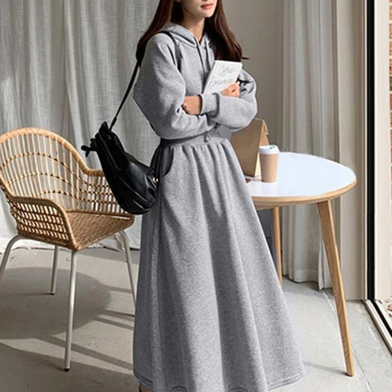 

Stylish Versatile Women's Solid Color Hoodie Dress for Autumn and Winter Stay Fashionable Casual Hooded Dresses With Pockets