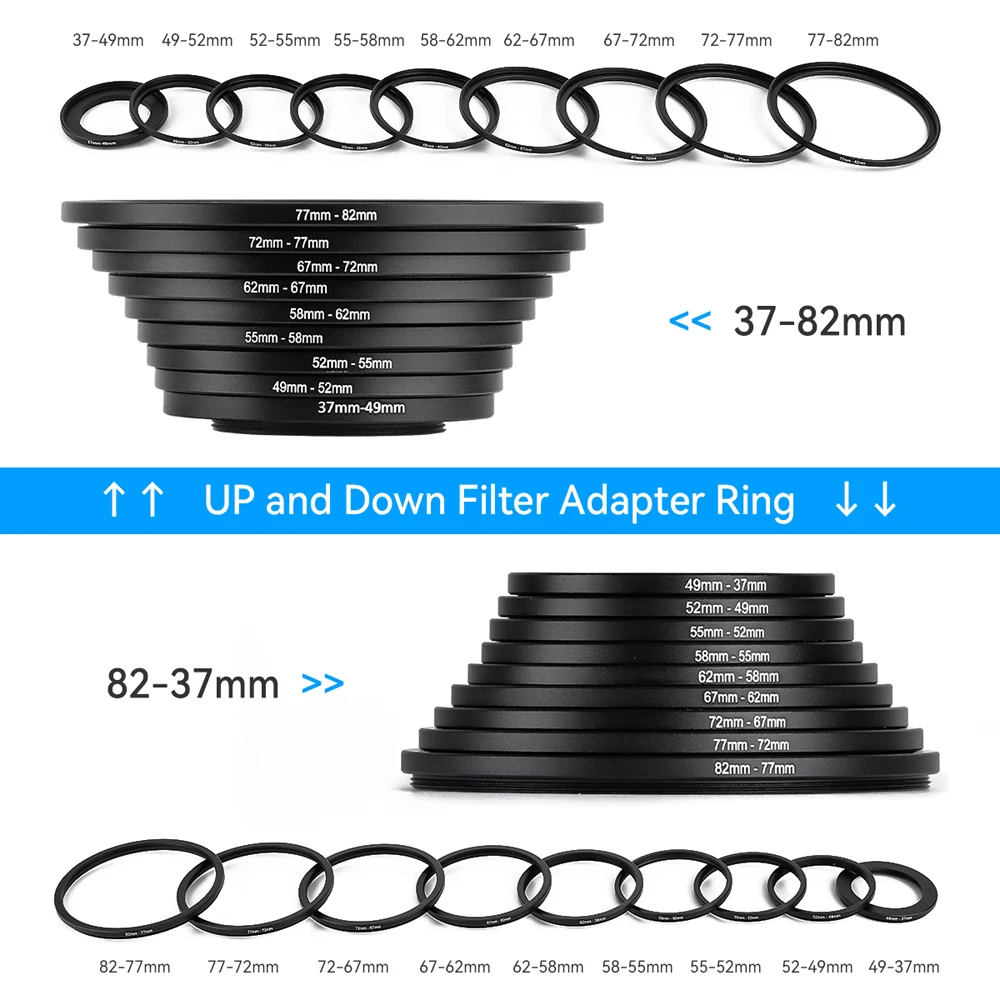 Kameraobjektivfilter Step Up & Down Ringadapter Metallfilter Adapterring für alle Kameras DSLR 37-82 82-37mm Montageset Kit