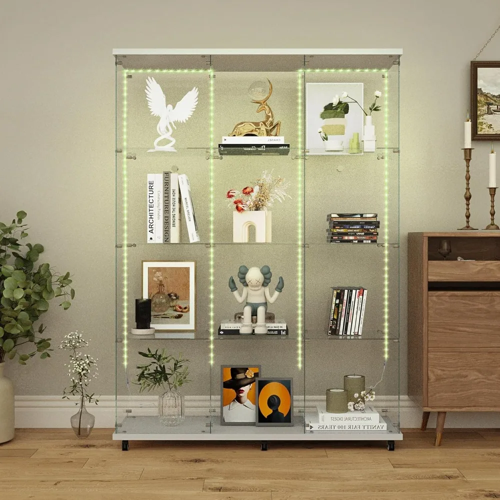 

3 Column 2 Doors Glass Display Cabinet with LED Lights & Wheels, 4-Shelf Removable Curio Cabinet w/ Lock & Glass Shelves