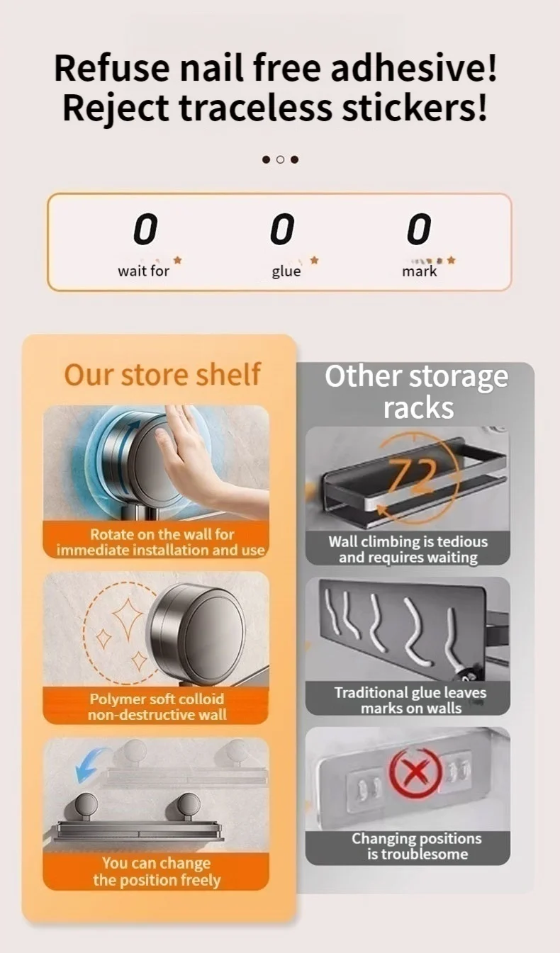 Kein Bohren, Saugnapf, selbstklebendes Badezimmerregal, Badezimmerregal, Toilette, Aluminium-Hängeregal, Badezimmer-Organizer, zum Aufhängen an der Wand – Detail 6