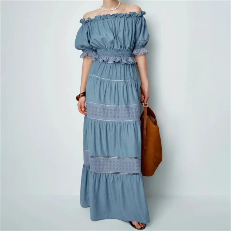 

Women's skirt New embroidered hollow out long skirt for summer 2025 Lace patchwork women's half skirt cotton blend denim skirt