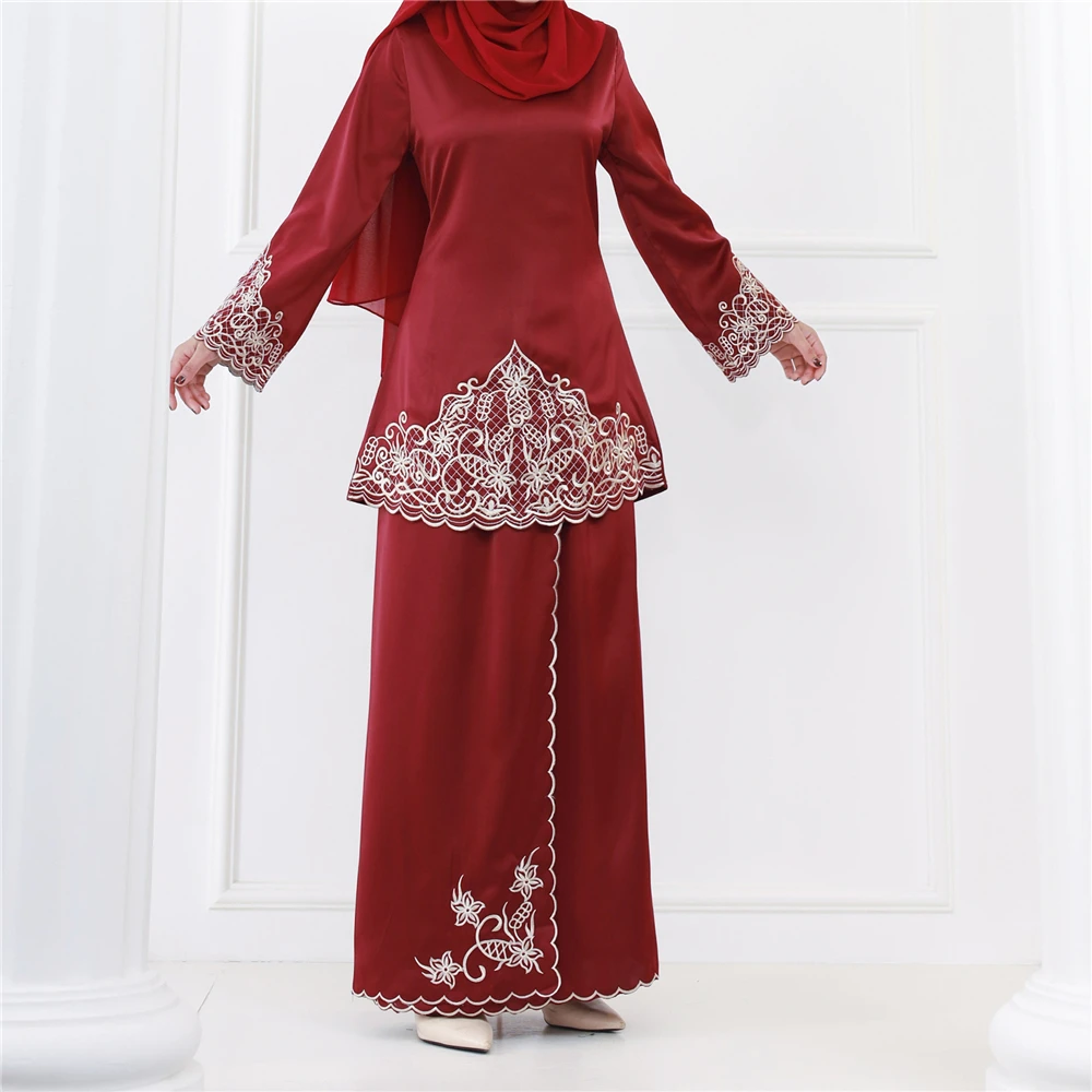 Muslim Sets Long Sleeve Tops Skirts Malaysia Baju Kurung Turkish Suit Embroidery Casual Solid Women Matching Set Ladies Outfits