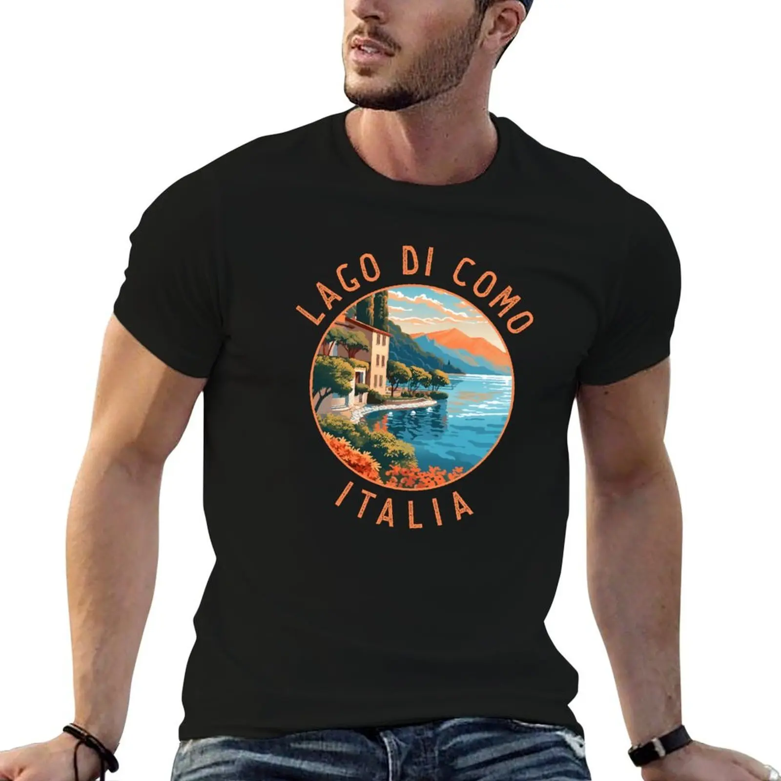 Lago di Como Italia Distressed Circle T-Shirt vintage blacks men tshirt