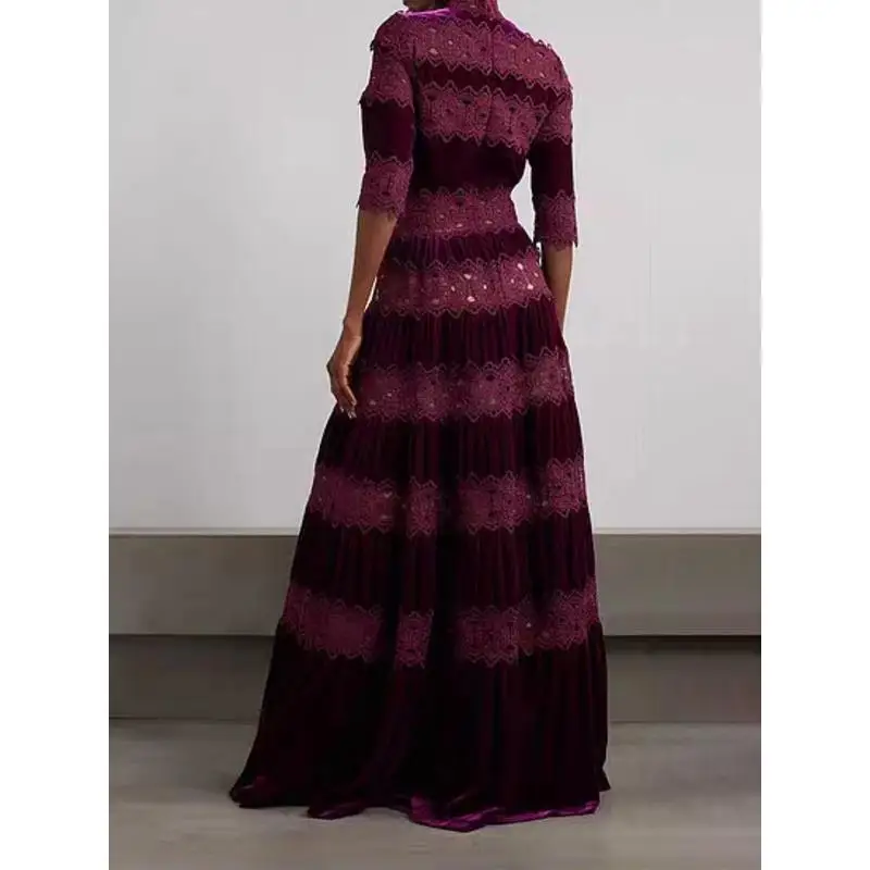 Retro Embroidered Long Dr Women's High Collar Slim Fit Maxi Dr Summer 2025 Evening Gown Heavy Embroidery Waist Cinch