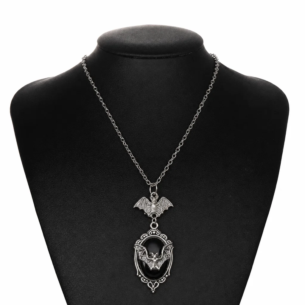 Gothic Bat Pendant Necklace Vintage Ornate Frame Black Gem Stone Necklace Punk Dark Aesthetic Halloween Neck Jewelry for Women