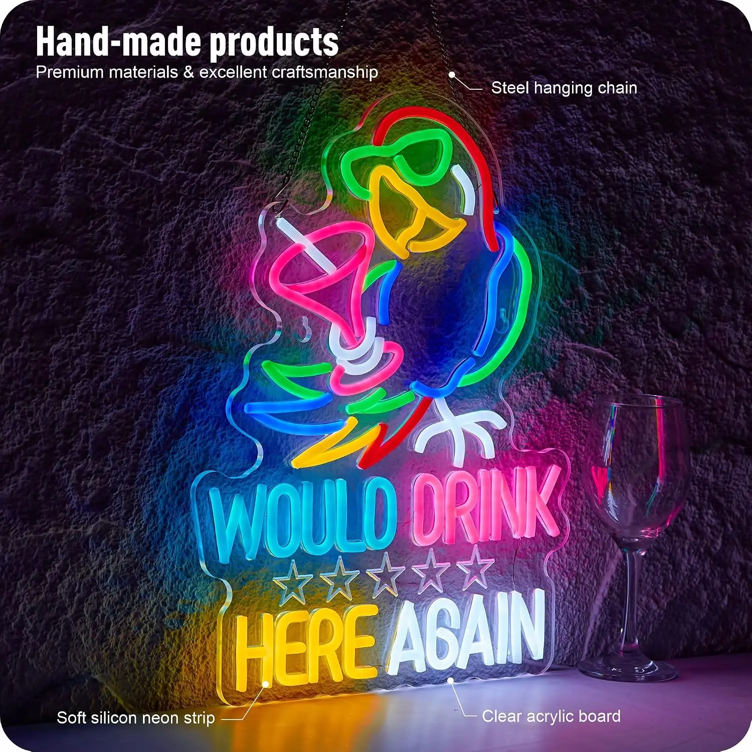 LED Neon Sign Parrot Would Drink Here Again Neon Light for Bar Pub Home Christmas Party Decoration Xmas Gift USB Powered