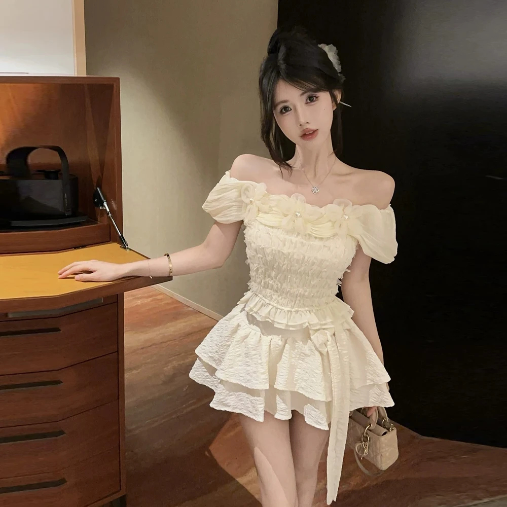 

Sweet Spicy Girl Pure Desire High Waist Puffy Cake Skirt Set One Shoulder Buttoned Shirt with Lace Trim Short Sleeve Summer O...