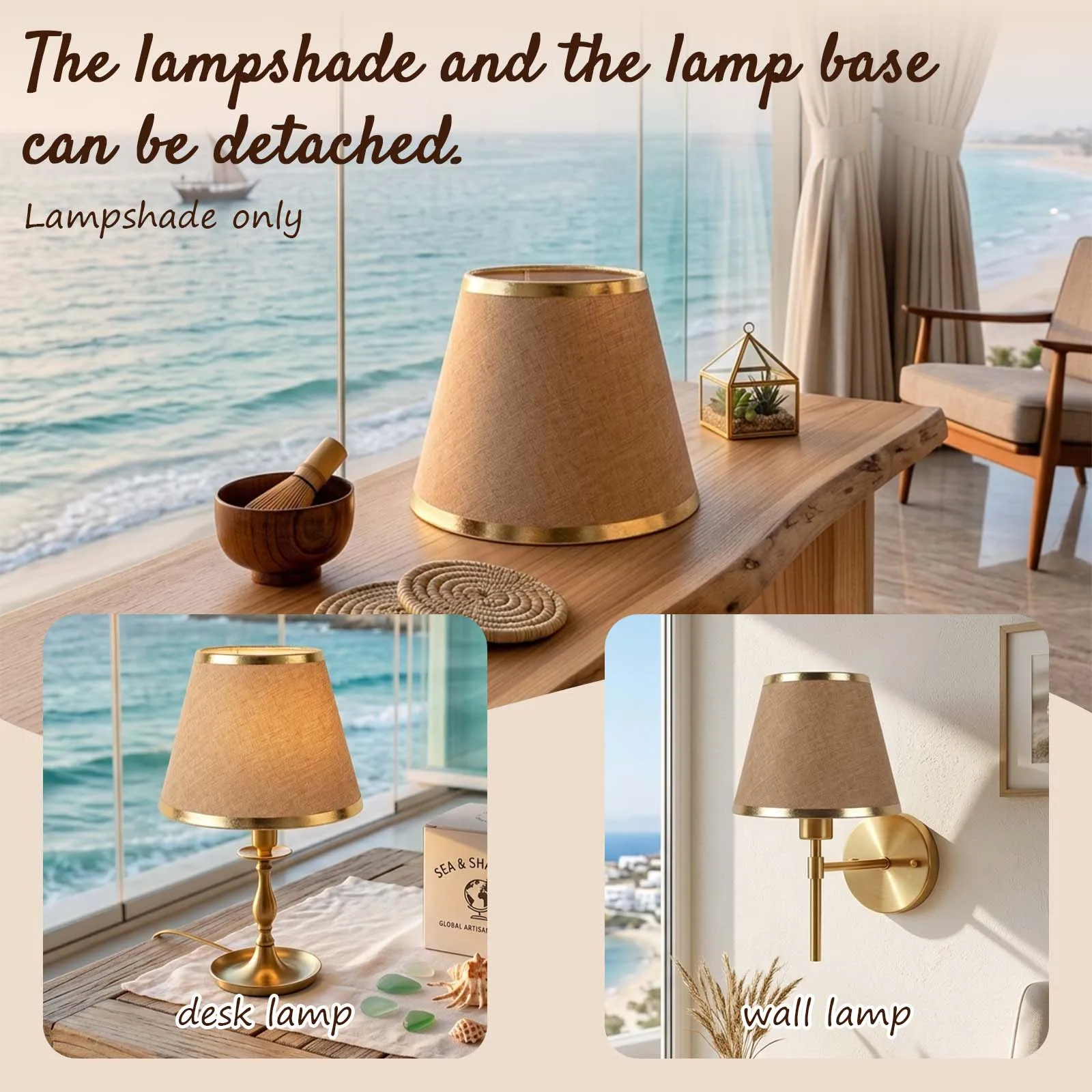 Wabi-Sabi Khaki Linen Table Lamp, Conical Shade Woven Cone Base for Bedroom
