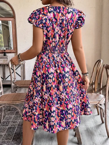 Imagen 2 del producto Vestido con estampado floral para mujer, cuello en V, mangas cortas con volantes, cintura elástica, ideal para vacaciones de verano, salidas en la playa, estilos bohemios