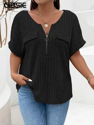 Gidsie Plus Size Solid O-Ring Zip T-Shirt anteriore per le donne estate 2024 O-collo manica corta a coste in maglia Casual Tees top donna