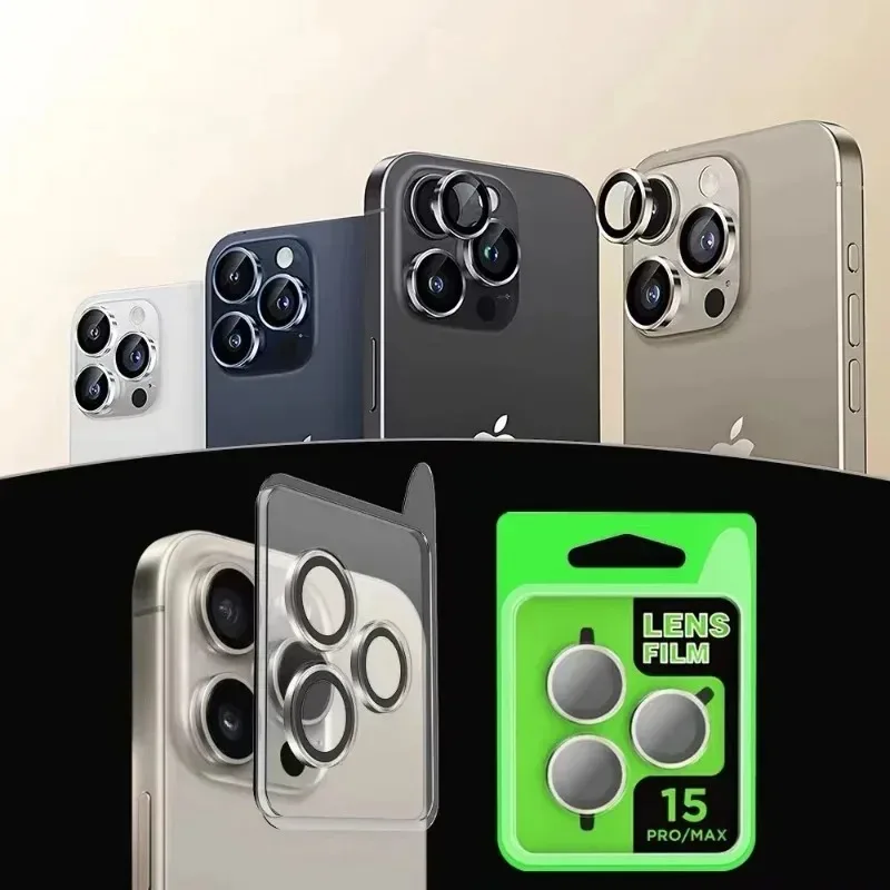 زجاج حماية العدسة سهل التركيب لهاتف iPhone 16 15 14 13 12 11 Pro Max Plus واقي عدسة الكاميرا المعدني ذاتي التثبيت