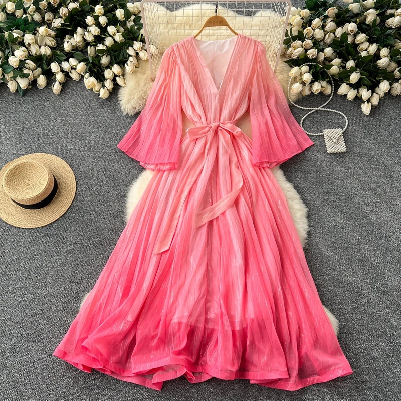 

Women's Party Dress 2024 Elegant Style Waist Tied Loose V-neck Flared Sleeves Gradient Dress Evening Dress