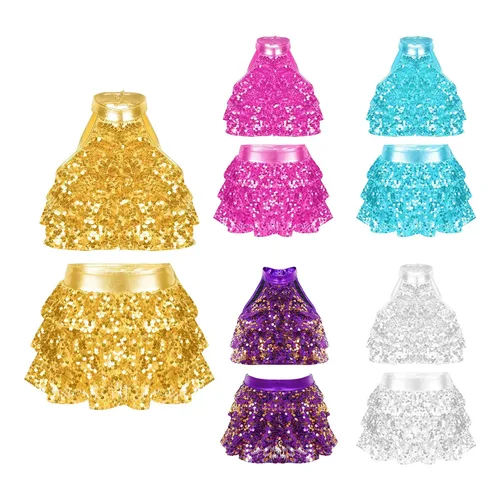 Vestido corto de lentejuelas brillantes para niñas, vestido de Ballet de baile latino de Jazz moderno, trajes de traje de baile puesta en escena