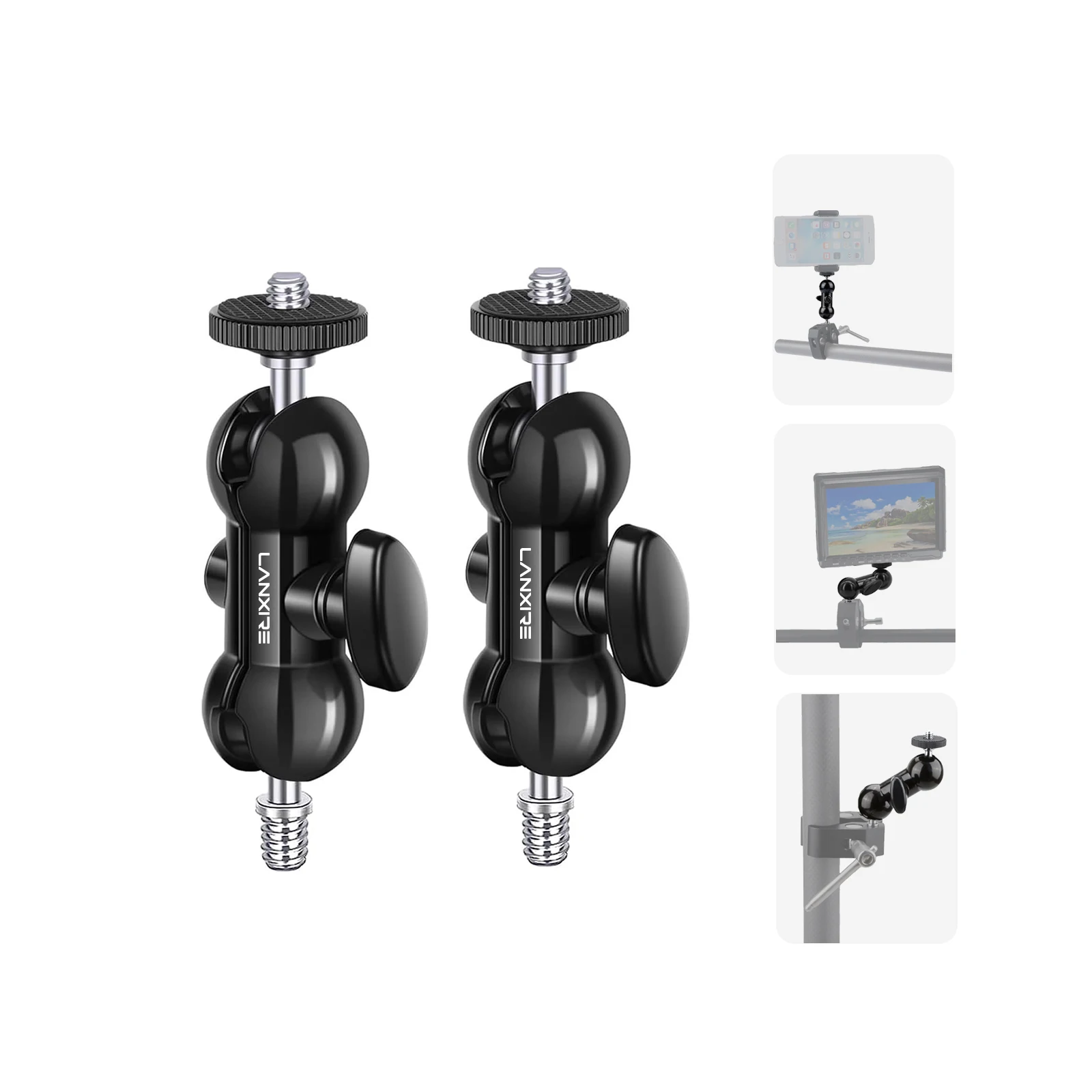Lanxire Magic Arm met Dubbel Balhoofd, Aluminium Mount Adapter met 1/4" Schroef en 360° Draaibaar voor Camera, Monitor en Microfoon, Max. Belasting 2kg