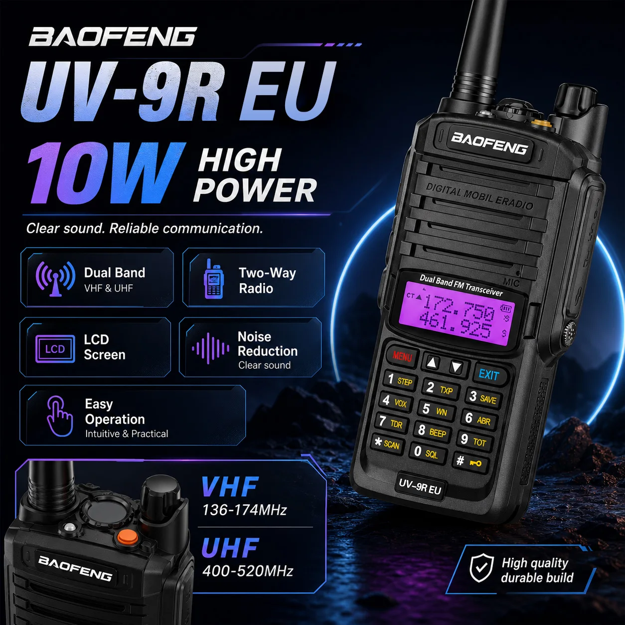 

Baofeng UV-9REU Handheld Two-Way Radio IP45 Dustproof & Waterproof for Outdoor Travel Camping Walkie Talkie