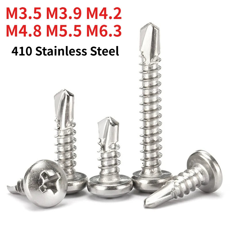 M3.5 M3.9 M4.2 M4.8 M5.5 M6.3  410 Stainless Steel Phillips Pan Head Self Drilling Screws, Round Head Drill Point Self-drilling