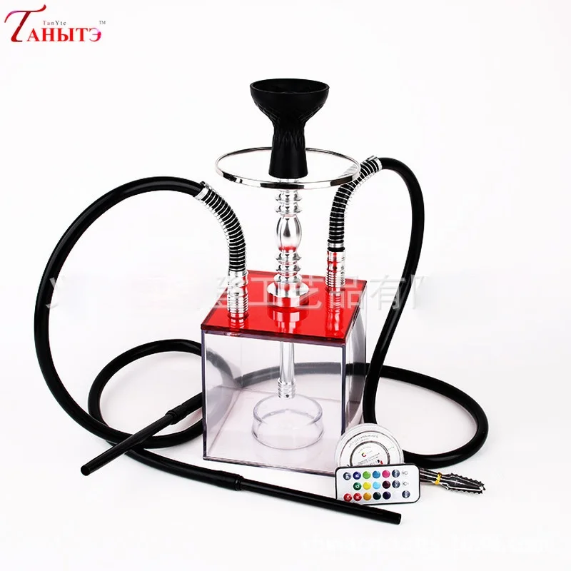 

Double Tube Transparent Arab Led Hookah Shisha Set Popular Square Acrylic Aluminium Alloy Chicha Narguile Bottle for Two Person