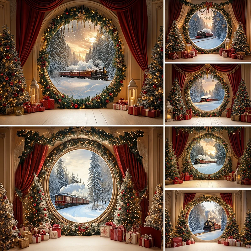 LS Fotografie-Hintergrund, Weihnachten, rundes Fenster, rote Vorhänge, Zug-Dekoration, Urlaub, Party, Kinder, Erwachsene, Porträt, Fotohintergrund, Studio