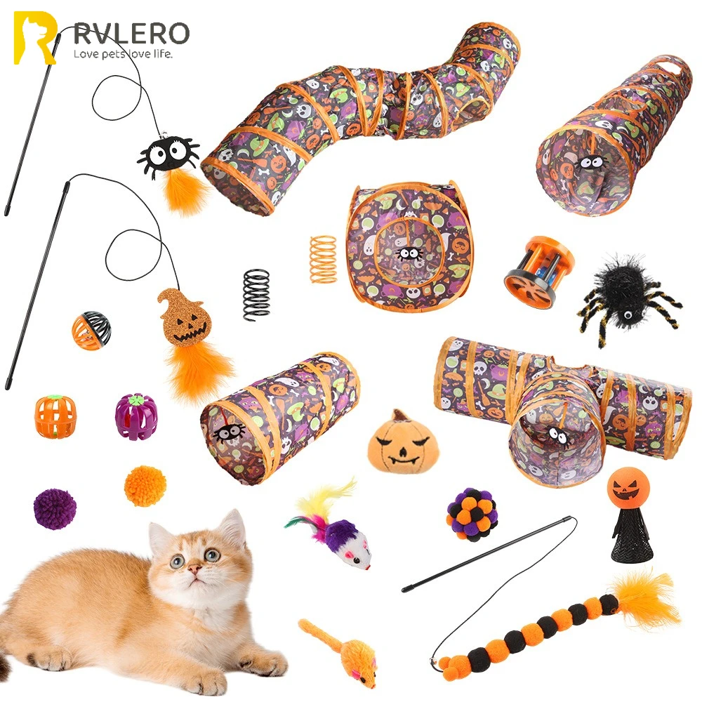 Halloween Katze Tunnel Spielzeug Set Glocke Necken Katze Stick Kürbis Spinne Plüsch Spielzeug Set Katze Geist Kanal Katze Urlaub Dekoration Spielzeug