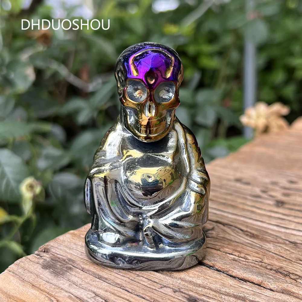 

Customized Natural Crystal Rainbow Aura Plating Meditation Buddha Skull Figurines Statue Obsidian For Yoga Home Decor Ornaments