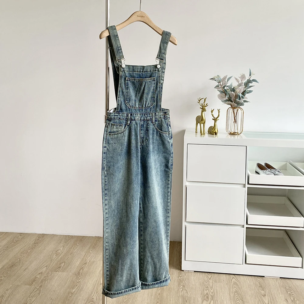 Damskie ogrodniczki jeansowe na jesień 2025, koreańskie, jednolite, vintage, proste kombinezony, codzienne, uniwersalne, do pracy, długie jeansy, streetwear