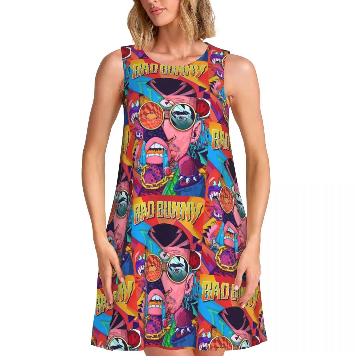 

Женское платье без рукавов Bad B-Bunny на заказ, рок-группа с 3D принтом для отпуска, путешествий, пляжные платья без рукавов, платье