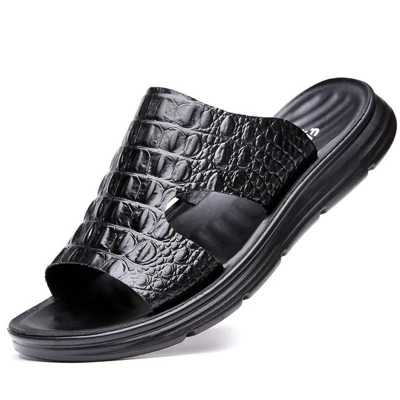 Summer Shoes for Men Genuine Leather Slipper Trend Crocodile Print Sandals Comfortable Flip Flops Cool Beach Shoes