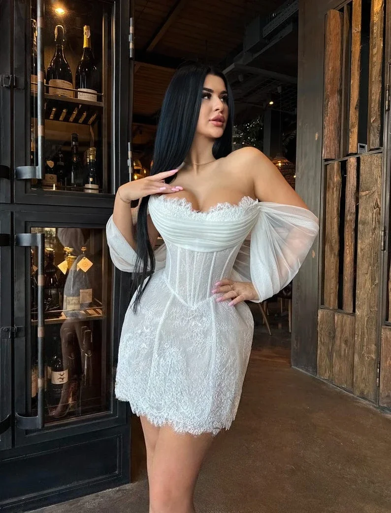 ชุดแต่งงานคอร์เซ็ทปิดไหล่ ชุดเดรสปาร์ตี้ค็อกเทล ชุดบอลกาวน์ลูกไม้ ชุดแต่งงานสั้น ชุดแต่งงาน