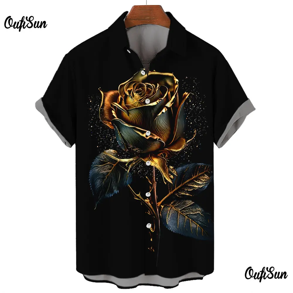 Pure Black Summer Men\'s Short-sleeved Shirt With Simple Rose Design For Daily Casual Wear Men\'s Oversized T-shirt Top Size S-5XL