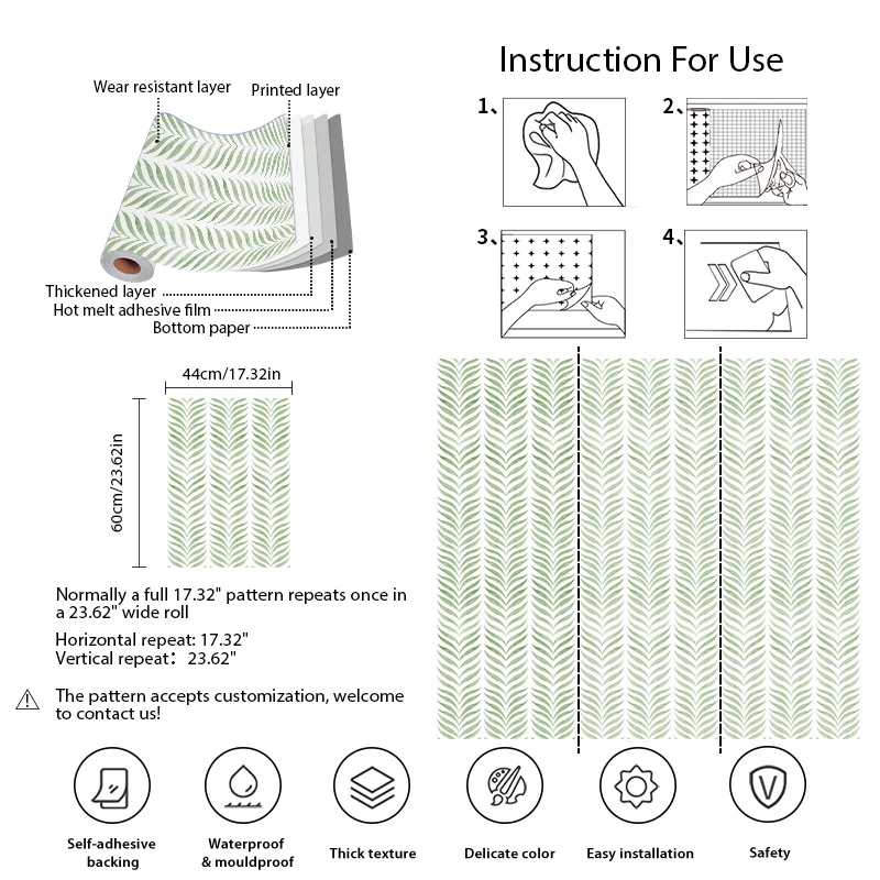 Papier peint en PVC à feuilles fines vertes, décoration de chambre en vinyle, décoration de meubles de réfrigérateur, maison fraîche, perfecwaterproof