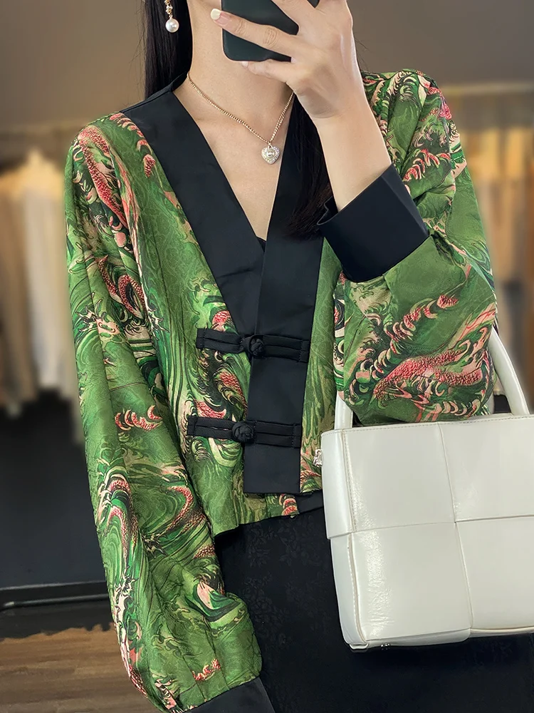 

Шелковый атласный принт V-Ne, женское новое китайское пальто в стиле ретро, весна-лето, открытый кардиган, топ с цветочным принтом, дизайн для поездок на работу