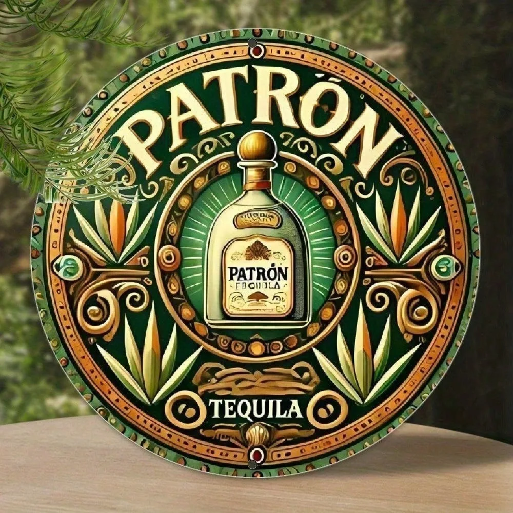 Letrero Metálico de Lujo con Impresión HD de Patrón Tequila – Diseño Ornamentado de Arte Folclórico Mexicano con Emblema Central de Botella Patrón, Agave