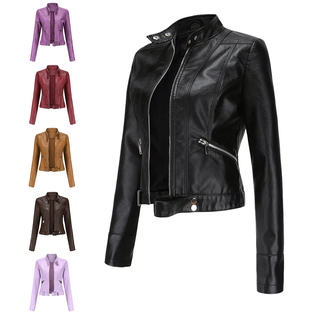  New Short Thin Leather Jacket Women's Stand Collar Spring Autumn Fashionable Ladies' Leather Coat Lightweight Padded