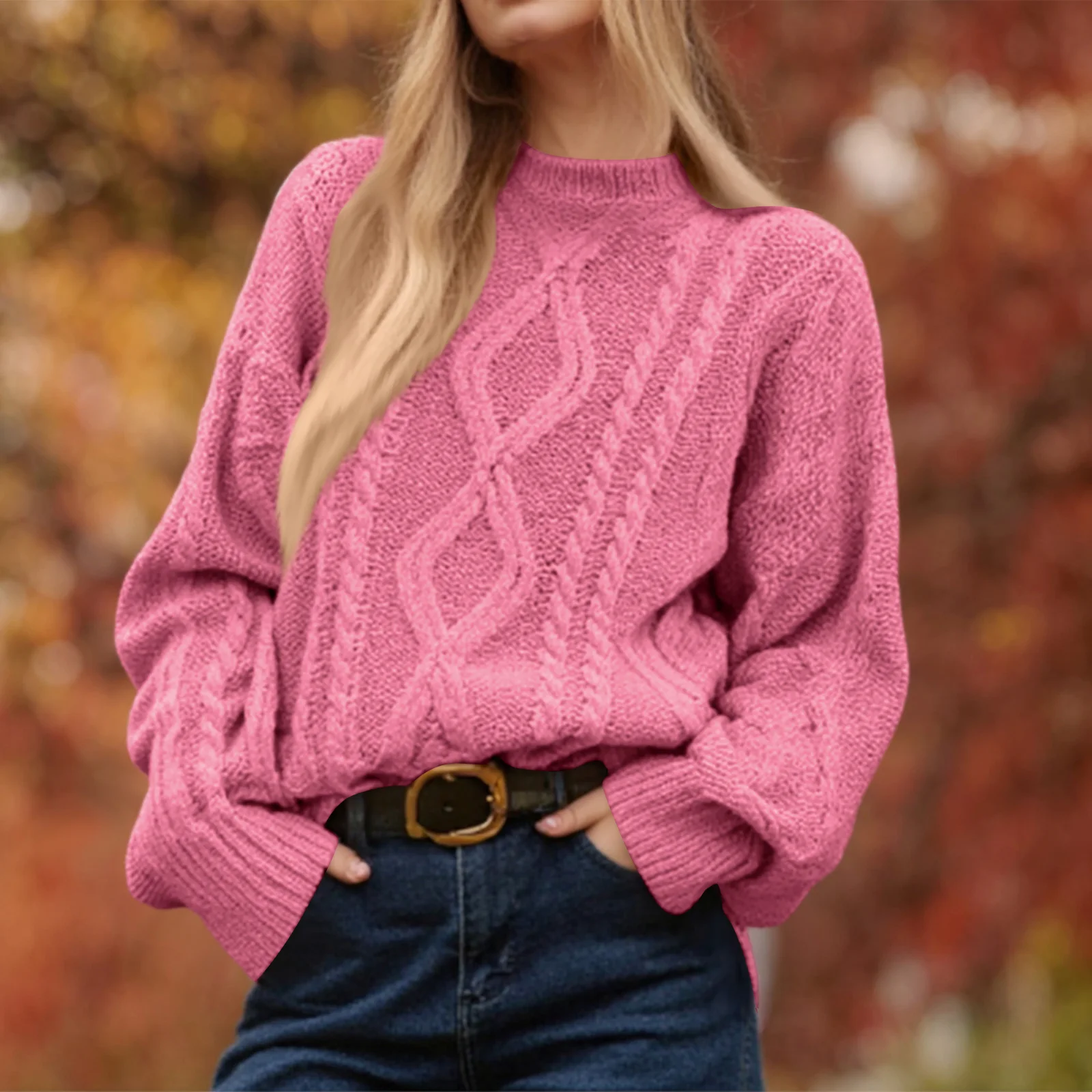 

Women'S Winter Long-Sleeved Knitted Solid Color Cable Knit Round Neck Pullover Sweater Ropa De Mujer Winter Clothes Woman