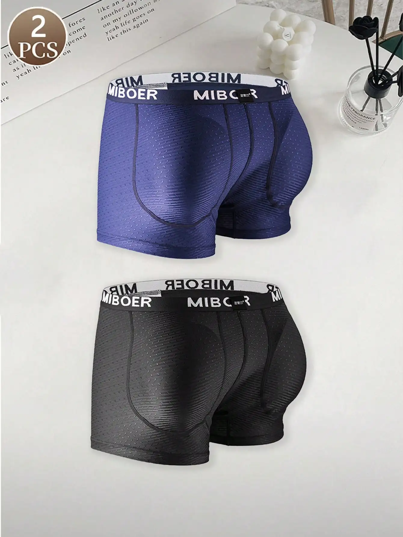 

2PCS Solid color letter casual sports knitted fabric men's mid waist flat angle pants breathable hip lifting comfortable panties
