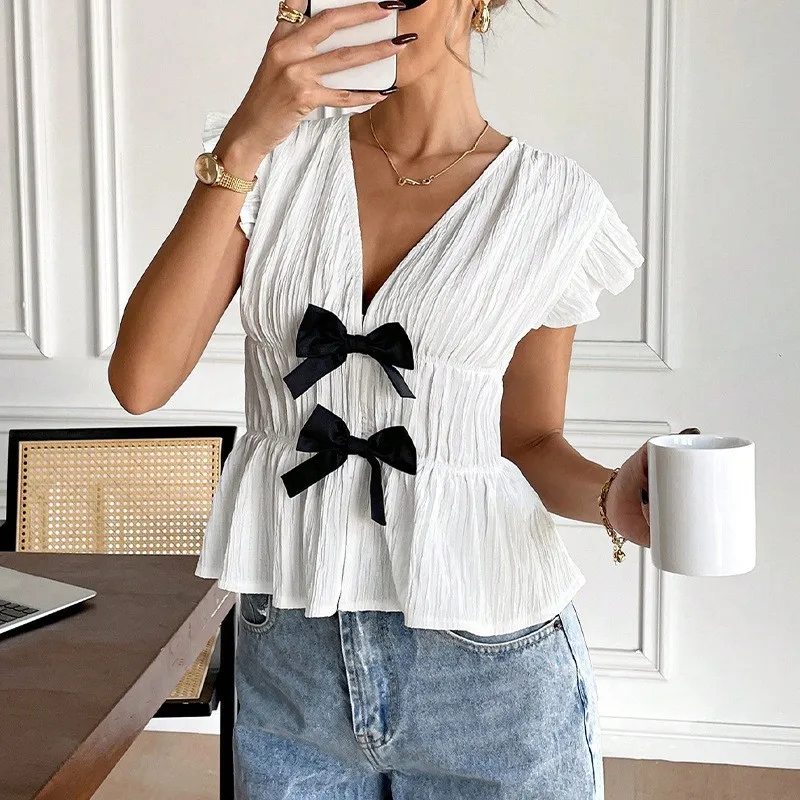 

White Tops For Women Summer Thin Solid Color Deep V Neck Black Bow Front Frill Flying Sleeve Smocked Shirts & Blouses Streetwear