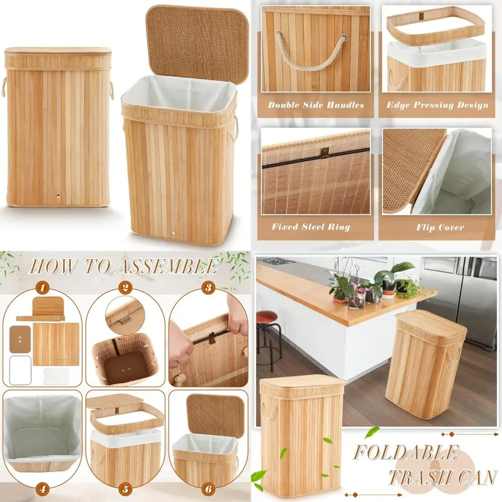 

Foldable Bamboo Wastebasket - Large Slim Rectangular Trash Can with Lid for Bathroom Bed, 21 Gallon Capacity