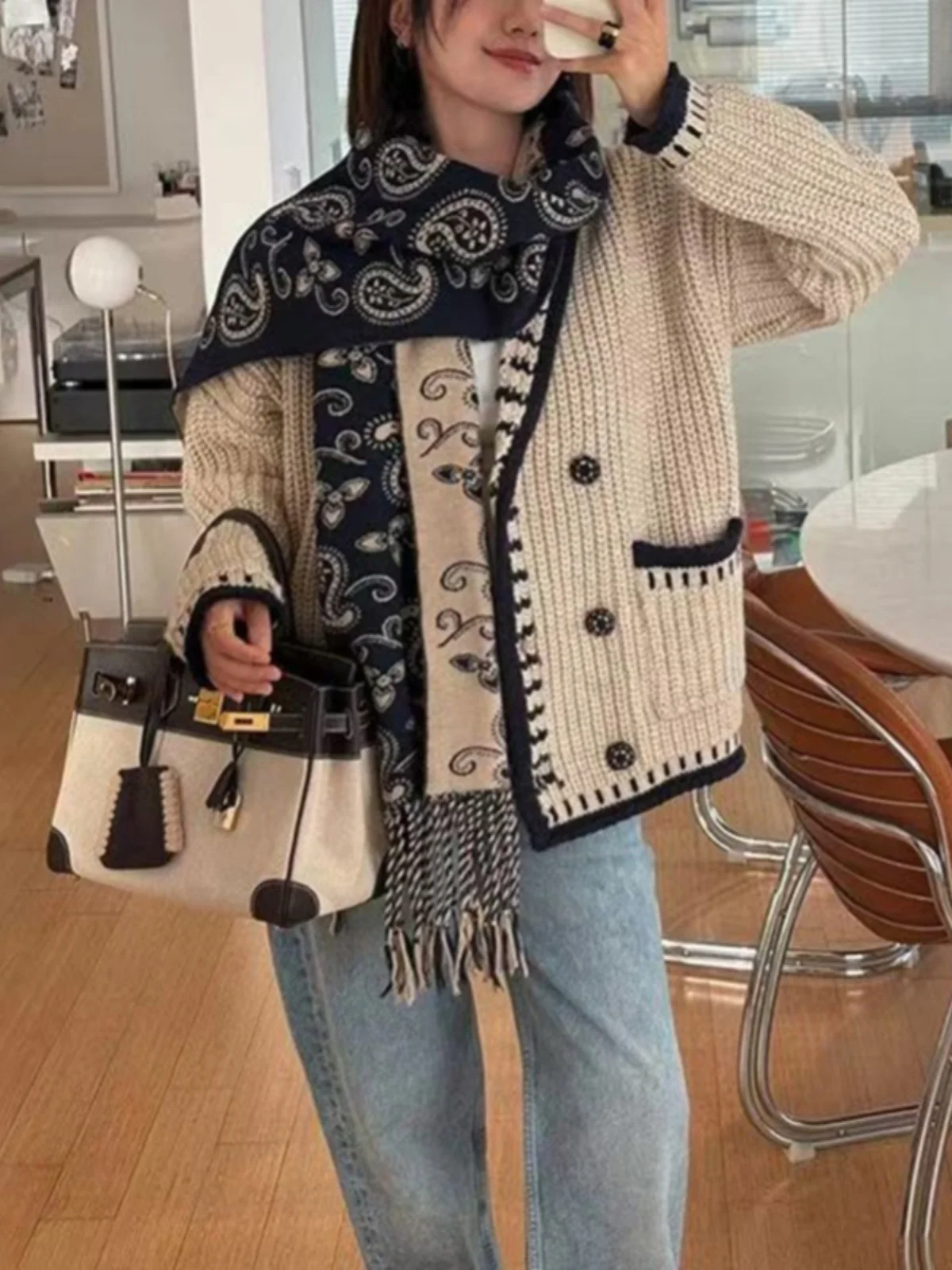 

S Home Autumn Winter New Sle Women's Double Buttoned Jaet Retro Color Blo Quince Fruit Collar Sweater Cardigan