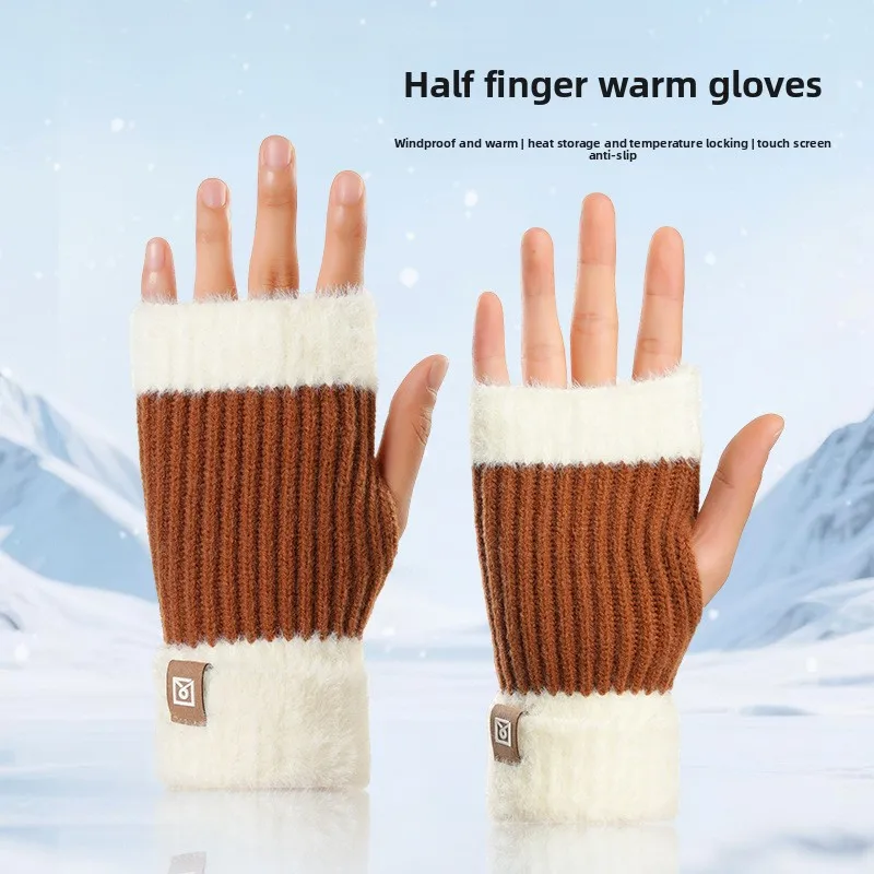 New Plush Half-finger Gloves Autumn and Winter Warm Women's Plush Windproof and Cold-proof Outdoor Driving and Cycling Gloves